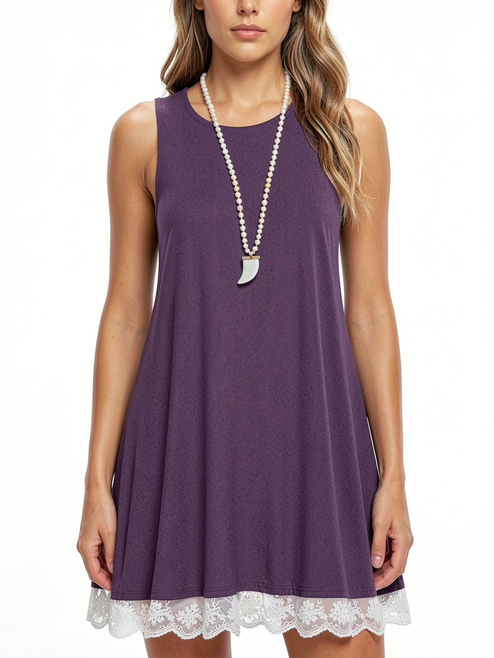 Women Sleeveless Loose Lace Hem Casual Dress