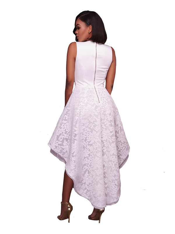 Women V Neck Sleeveless Lace High Low Party Dress