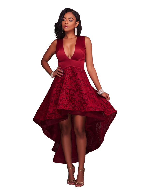 Women V Neck Sleeveless Lace High Low Party Dress