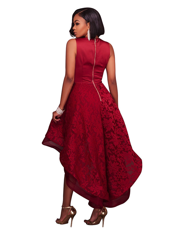 Women V Neck Sleeveless Lace High Low Party Dress