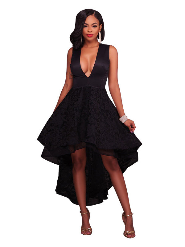 Women V Neck Sleeveless Lace High Low Party Dress