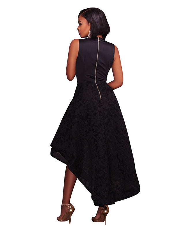 Women V Neck Sleeveless Lace High Low Party Dress