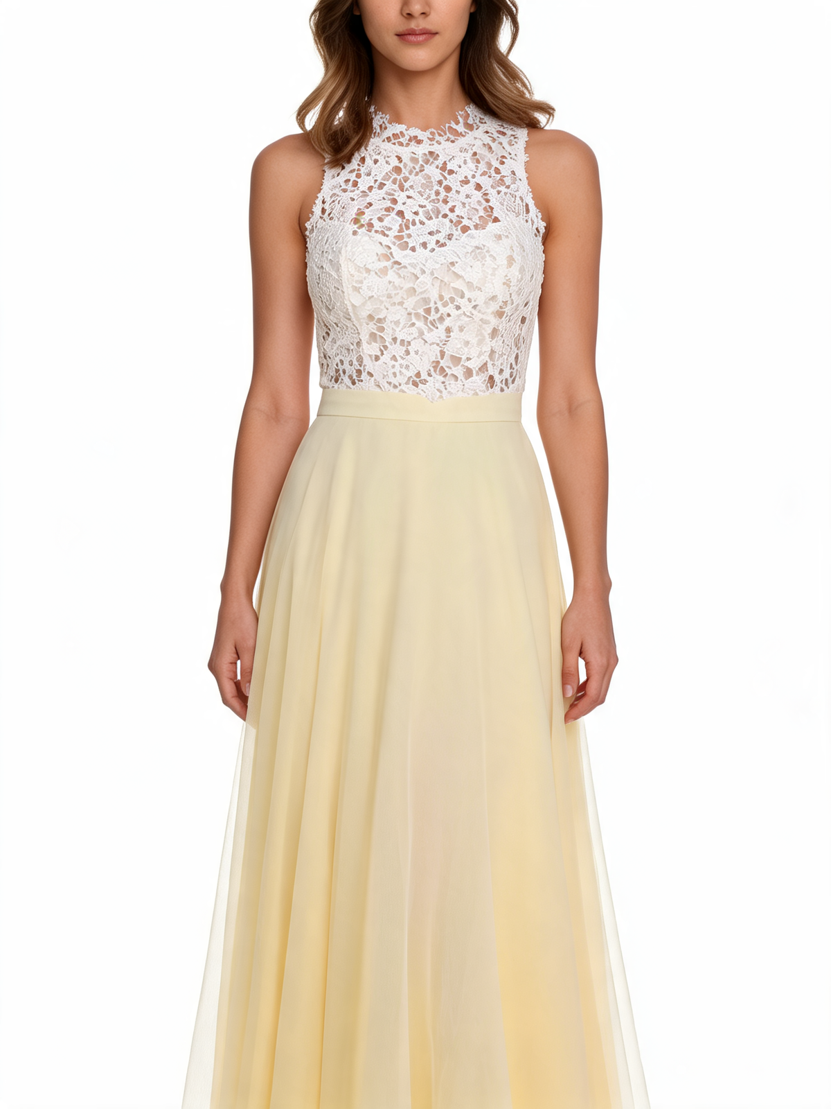 Yellow Elegant Lace Summer Sleeveless Maxi Evening Dress