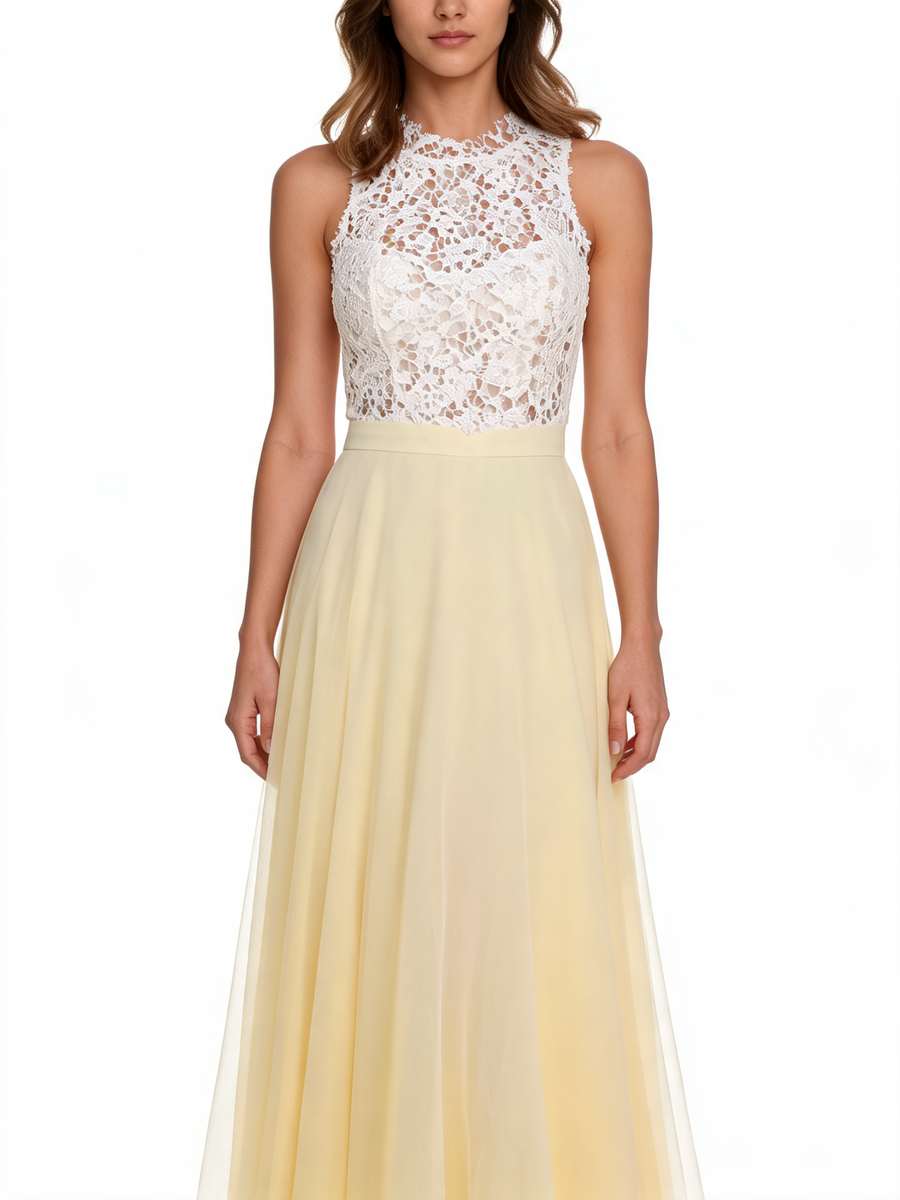 Yellow Elegant Lace Summer Sleeveless Maxi Evening Dress