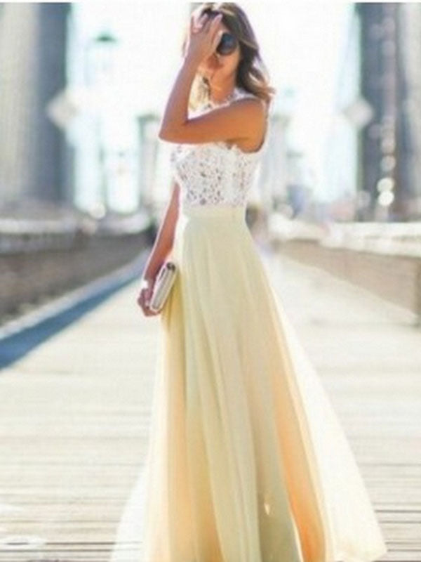 Yellow Elegant Lace Summer Sleeveless Maxi Evening Dress