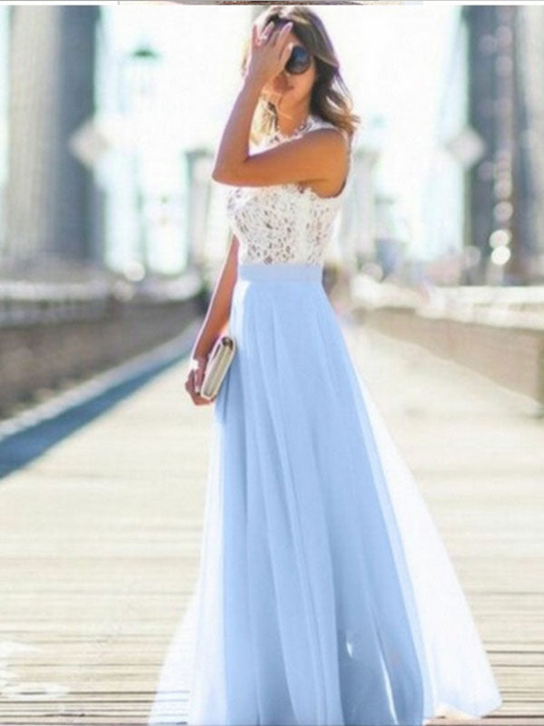 Lace Bodice Chiffon Sleeveless Maxi Dress