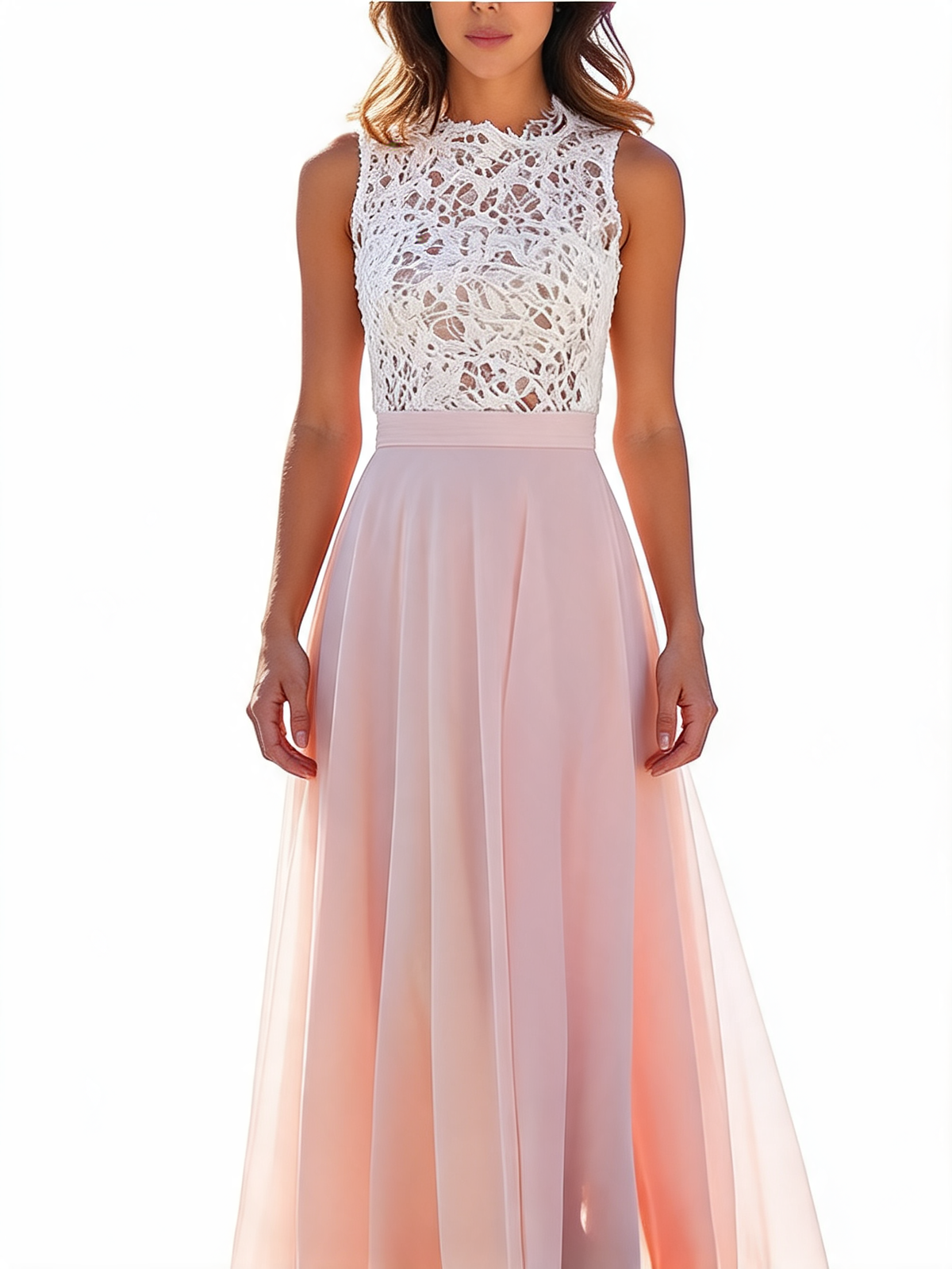 Lace Bodice Chiffon Sleeveless Maxi Dress