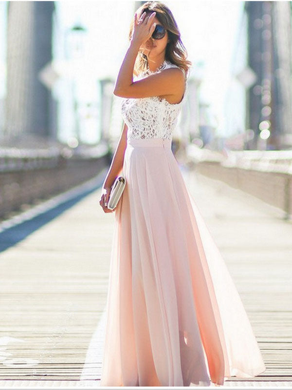 Lace Bodice Chiffon Sleeveless Maxi Dress