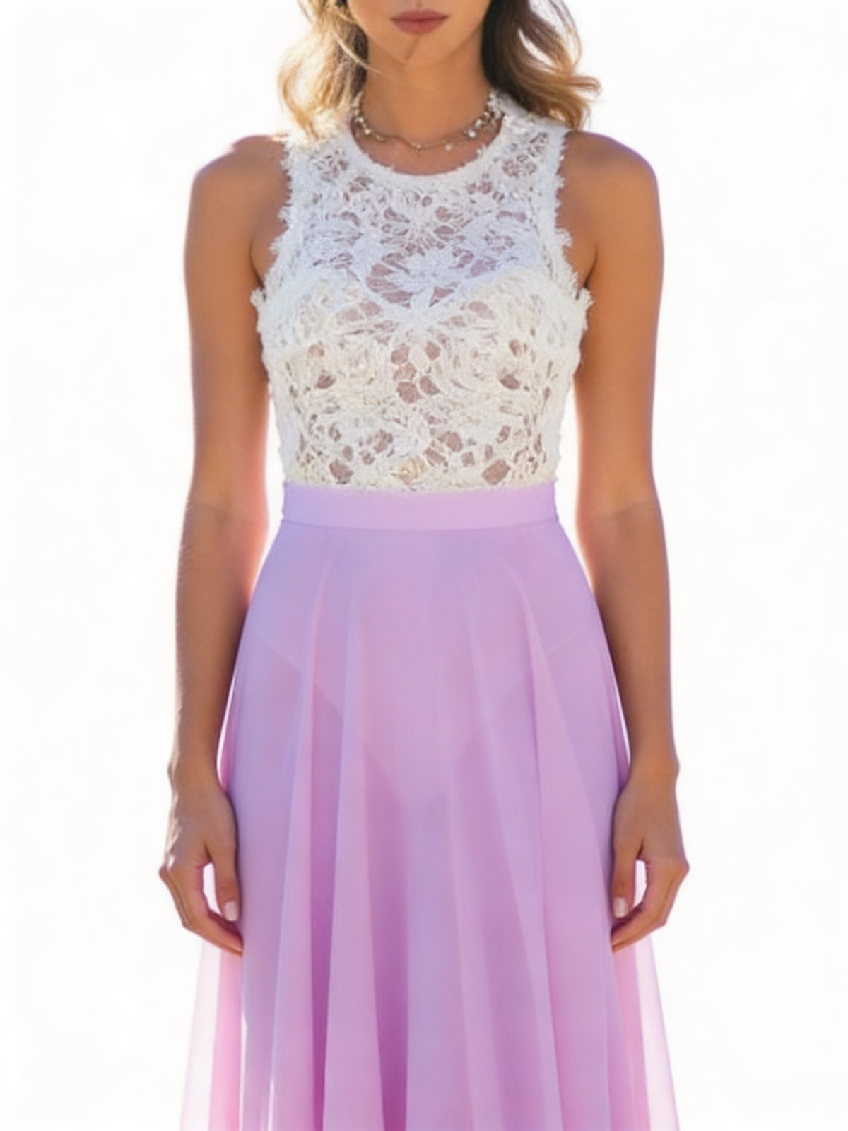 Lace Bodice Chiffon Sleeveless Maxi Dress