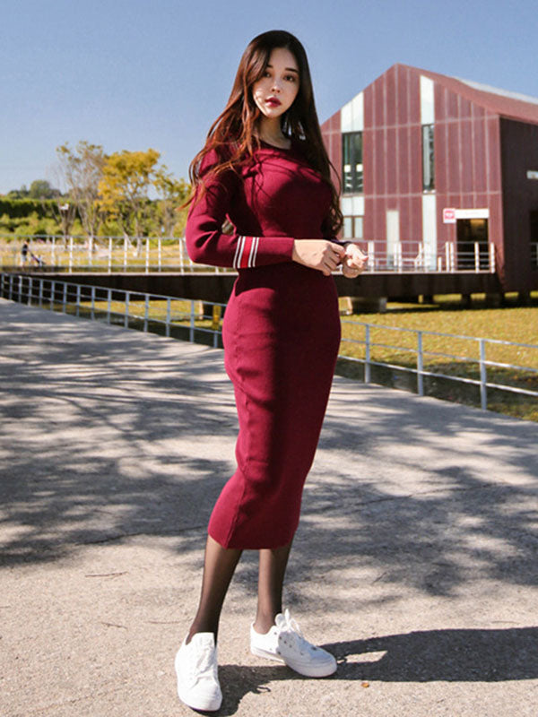 Stripe Cuff Long Sleeve Knit Midi Dress