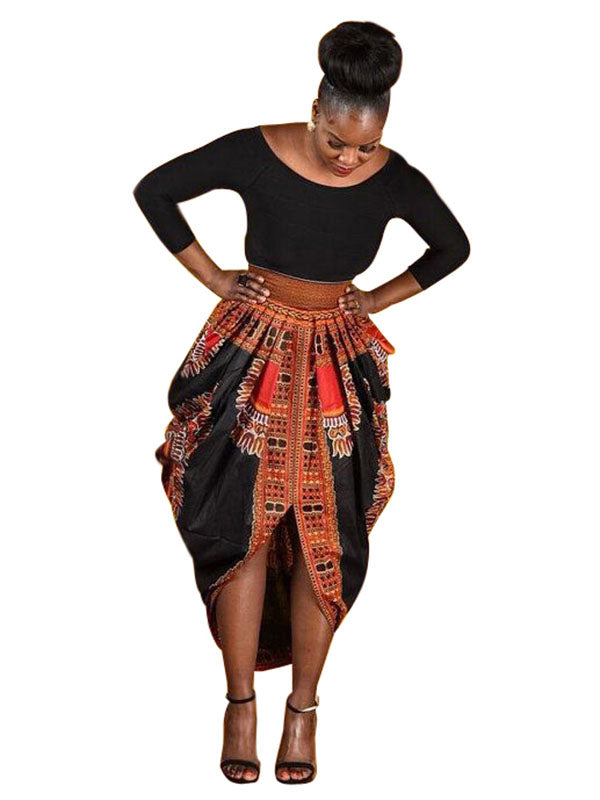 Women Retro African Pattern Long Sleeve Midi Dress