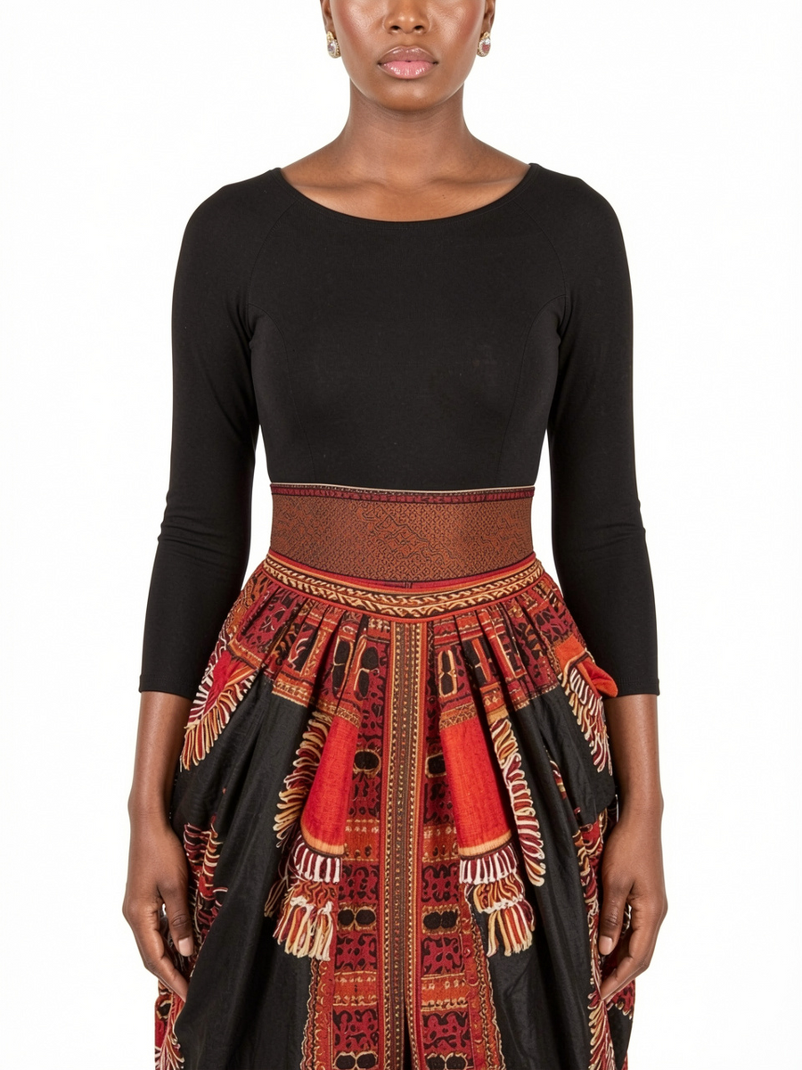 Women Retro African Pattern Long Sleeve Midi Dress