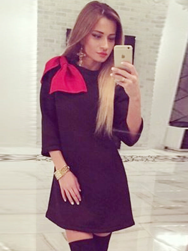 Bow Shoulder Long Sleeve Shift Dress