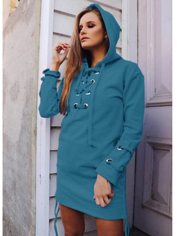 Lace-Up Hoodie Sweatshirt Dress