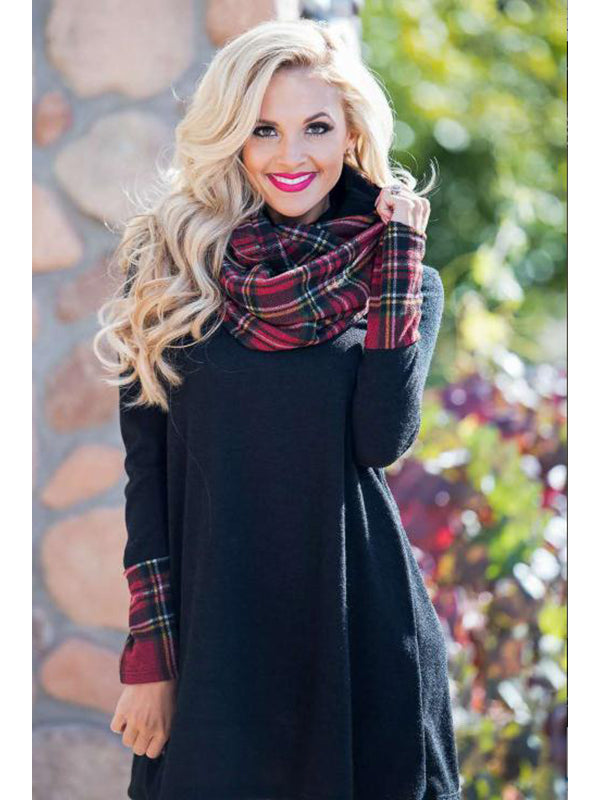 Plaid Cuff Long Sleeve Shift Dress