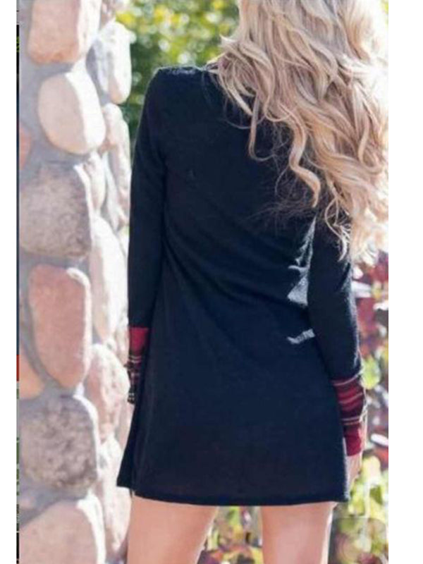 Plaid Cuff Long Sleeve Shift Dress