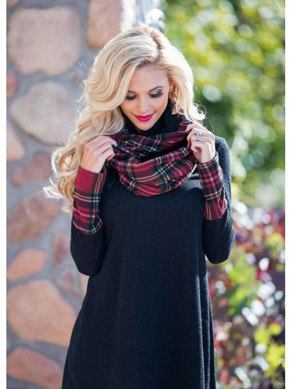 Plaid Cuff Long Sleeve Shift Dress