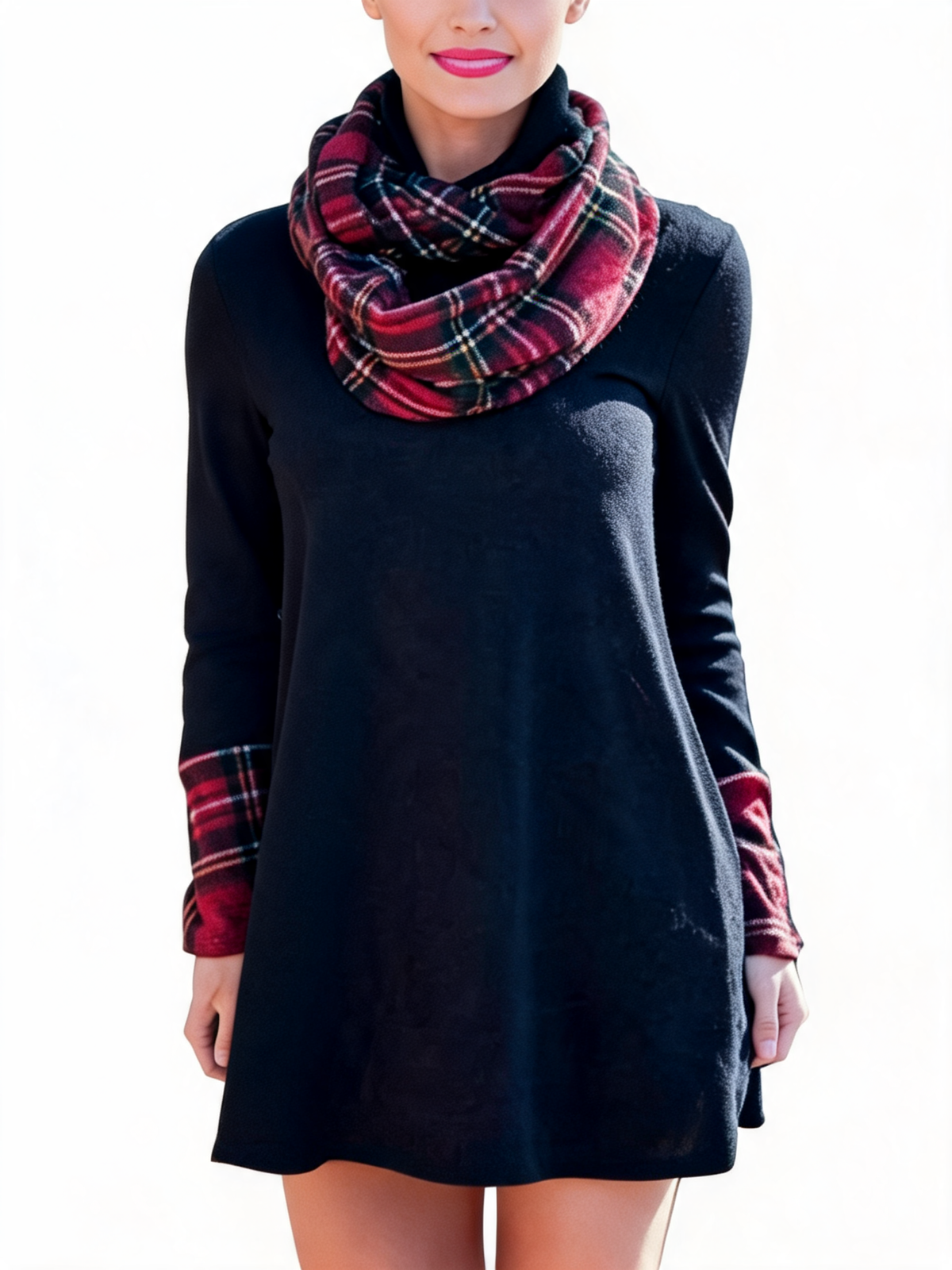 Plaid Cuff Long Sleeve Shift Dress