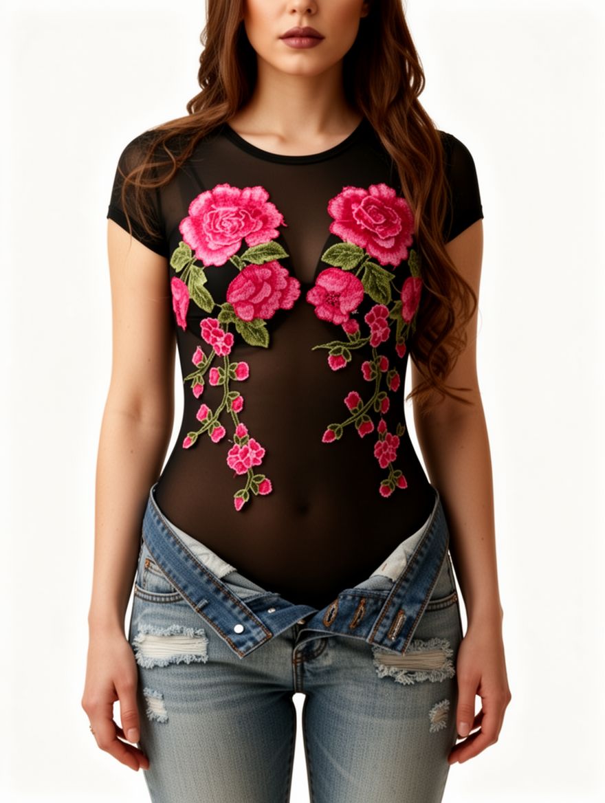 Black S-XL Sexy Floral Print Bodysuit