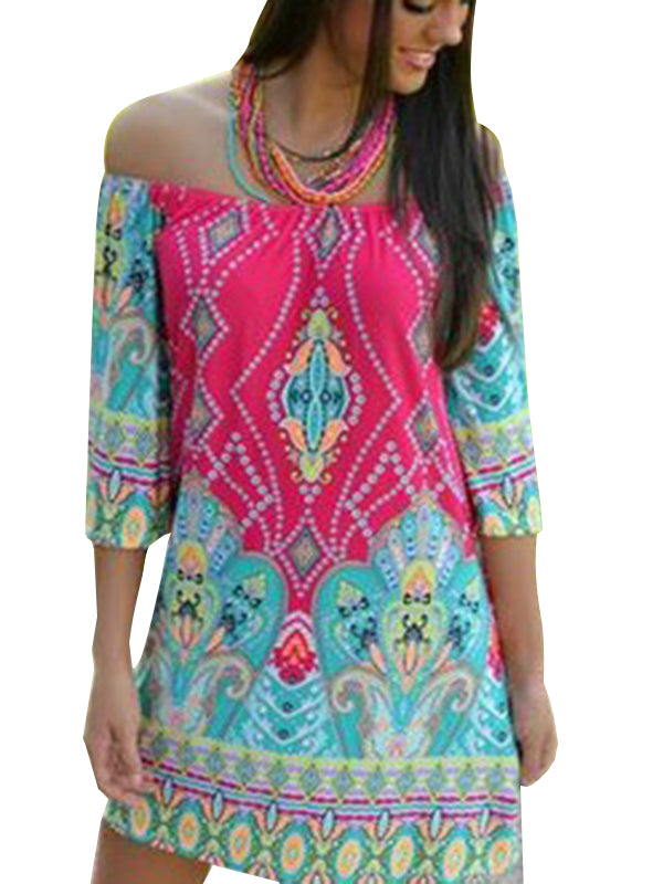 Boho Print Off Shoulder Shift Dress