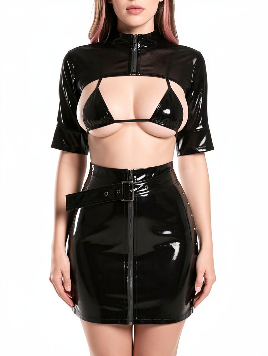 Women Sexy Vinyl Bra and Skirt Set